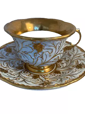 Buy Meissen Biedermeier Relief Tea Cup Saucer Heavy Gold Gilded Scrollwork Grapes • 403.52£