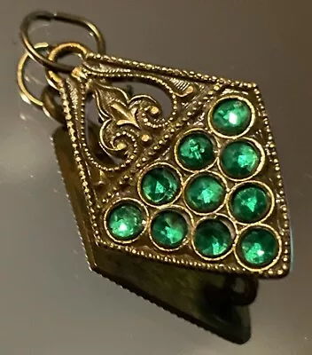 Buy Vintage Dainty Art Deco Brass? Filigree Green Rhinestone Diamond Shape Pendant • 7.07£
