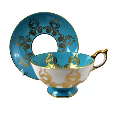 Buy Aynsley Tea Cup & Saucer Orchard Gold Turquoise Gilt 2832 Vintage • 275£