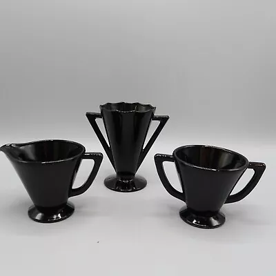 Buy Vintage Black Amethyst Art Deco Glass Creamer, Sugar & Vase Gothic • 23.05£