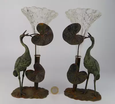 Buy Vintage Faux Bronze Metal Heron Bird Base Epergne Pressed Trumpet Glass Vases • 75£
