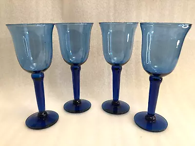 Buy Set Of 4 Cobalt Blue Blown Glass Stemmed Wine Goblets • 26.60£