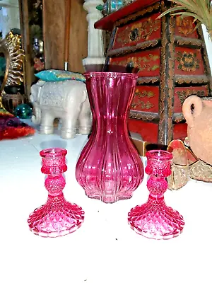 Buy Set Of  Three  Pink Coloured Glass Candle Holders With Matching Vase • 17.99£