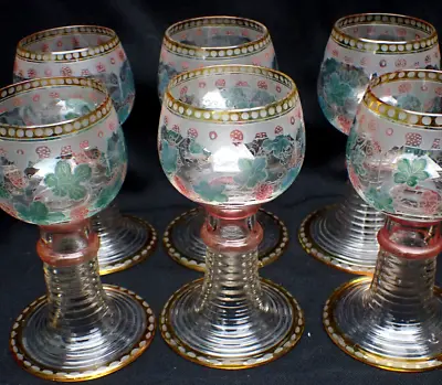 Buy Set Of 6 Hand Etched Vintage / Antique Bohemian German Roemer Wine Glasses • 99.99£