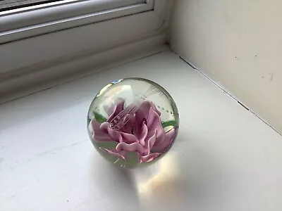 Buy Vintage Hand Made Art Glass Pink Floral Rose Etched Dragonfly Top Paperweight • 6.99£