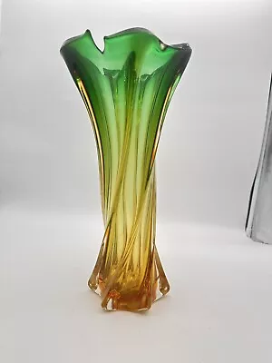 Buy Vintage Jordan Imports Swung Murano Glass Art  Vase Green Amber 13” Rare • 81.02£