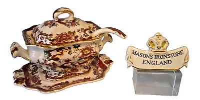 Buy Masons Ironstone Red Mandalay Pattern Bedford Sauce Tureen Under Plate & Laddle • 115£