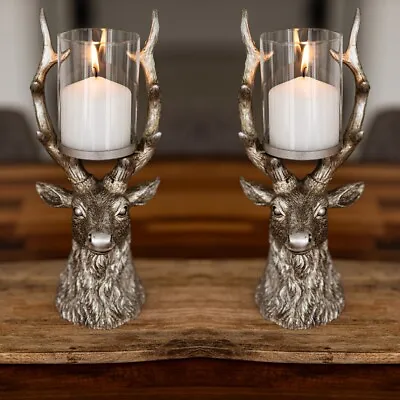 Buy Christmas Stag Candle Holders X2 Decoration Pillar Silver Home Xmas Decor • 23.99£