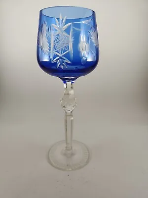 Buy Antique Bohemian  Cut To Clear Crystal Tall Stem Water/ Wine Goblet Cobalt Blue • 45.54£