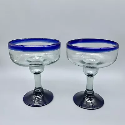 Buy Cobalt Blue Rim Margarita Glasses Hand Blown Mexican Frozen Cocktail Set Of 2 • 20.88£