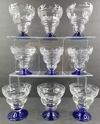 Buy 9 Etched Clear Cobalt Blue Base Cordial Liquor Glasses Set Vintage Elegant Lot • 67.11£