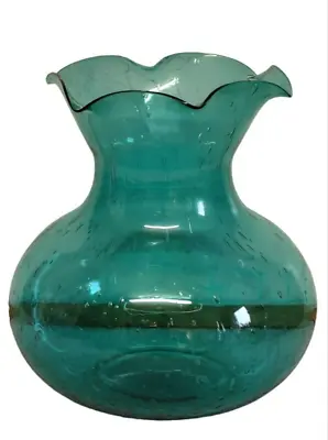 Buy Blenko Emerald Green Hand Blown Art Glass Wavy Ruffle Crackle Vase 5 1/2  Tall • 19.50£