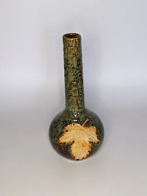 Buy Vintage 1970s Sage Green BUD VASE Art Studio Pottery Leaf Hatched Signed Bulb • 7£