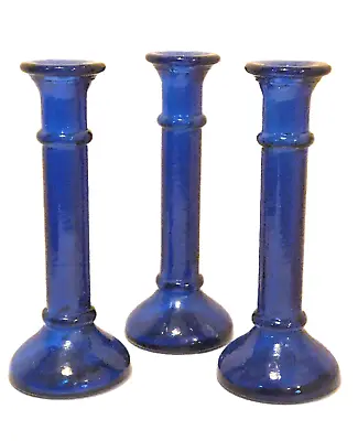 Buy Set Of 3 Cathedral Style Cobalt Blue Candle Holders 8 /20cm Tall Good Condition • 33£