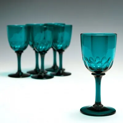 Buy Six Victorian Peacock Blue Wine Glasses C1865 • 115£