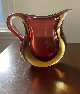 Buy Vintage Murano Style MCM Red Orange Yellow Pitcher Vase Handblown Glass • 31.21£