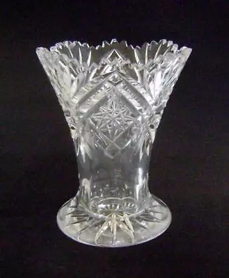 Buy Antique Cut Glass Lead Crystal Vase 21 Cm High With Star Cut Base & Dentil Rim • 15£