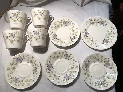 Buy Queen Anne Bone China 4 Teacup 4 Saucer & 1 Side Plate Blue Flowers • 19.71£