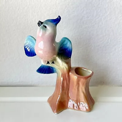 Buy Vtg Ceramic Figural Bird Bud Vase Blue & Pink Crested Bird On Tree Branch 5.75  • 16.30£