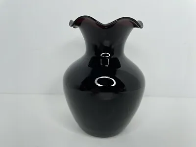 Buy Vintage Amethyst Glass Vase Ruffle Top Hand Blown Dark Purple 4.25” H • 14.38£