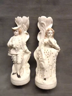 Buy Lovely Pair Of Victorian Parian Ware Spill Vases Man Lady White Figurines 1880s • 6£