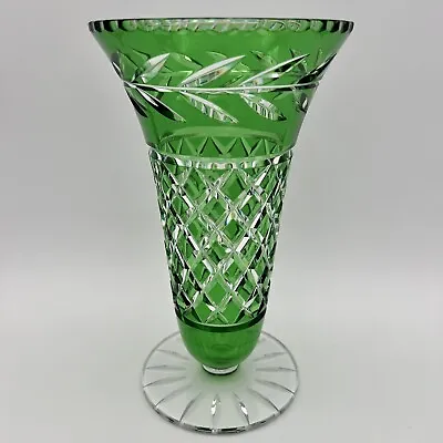 Buy Vintage Bohemian Czech Green Cut To Clear Crystal Glass Vase 10” • 202.89£