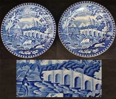 Buy Pair Antique J & W Handleys Village Fisherman Blue & White Transferware Plates • 99.99£