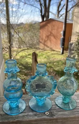 Buy Very Rare Blue Del Salesman Samples Blue Crackle Glass Vases.  One With Label • 93.70£