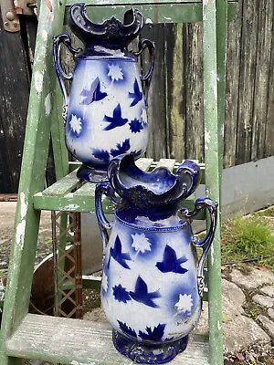 Buy Pair Antique Edwardian AG Harley Jones Fenton Vase Urn Cobalt Blue White Trophy • 25£