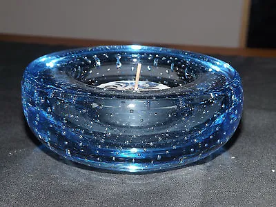 Buy Scandinavian Controlled Bubble Clear Blue Glass Tea Light Holder - Vgc • 14.25£