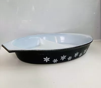 Buy Vintage Pyrex Black With White Snowflake Divided Dish Oval No Lid Gaiety 50s 60s • 4£