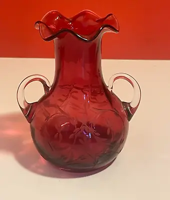 Buy Victorian Cranberry Glass Vase With Double Handles And Etched Pattern • 19.99£