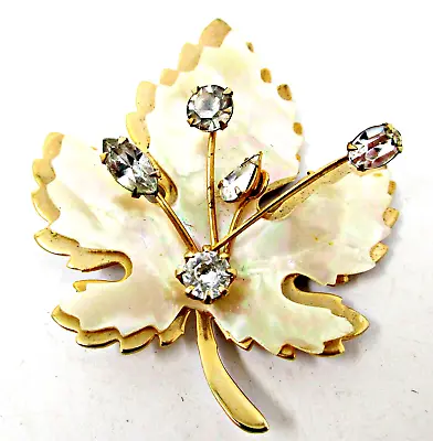 Buy Vintage Early Signed Kramer MOP Over Gold Tone Maple Leaf Rhinestone Stems Pin • 36.93£