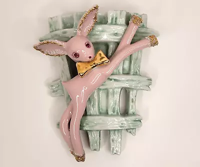 Buy Vintage Anthropomorphic Deer Ceramic Wall Pocket Spaghetti Pink Green Japan • 57.19£