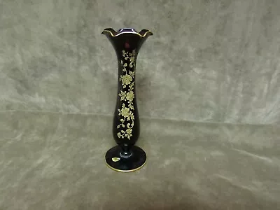 Buy Vintage Deep Purple Glass Ruffled Bud Vase Gold Flower Design Etch Smaller Size • 61.34£
