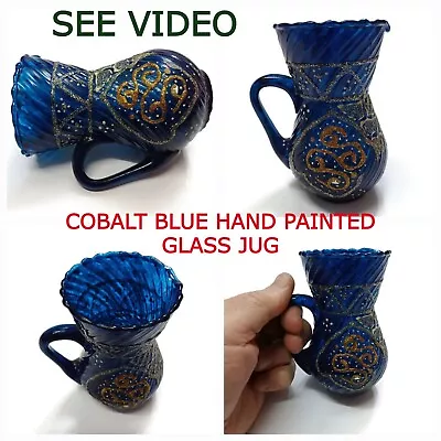 Buy AMAZING Vtg COBALT Blue Hand Painted Bohemian Glass JUG Pitcher SEE VIDEO 4.5  • 18.97£