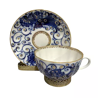 Buy Vintage Russian Lomonosov Tsar Bird Porcelain Blue & White Teacup & Saucer USSR • 66.17£