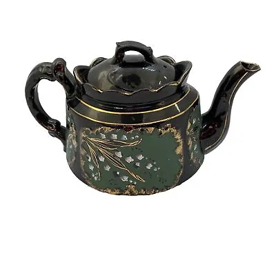 Buy Antique Victorian Jackfield Black Green Gilt Floral Teapot Gibsons Hand Painted • 12.99£