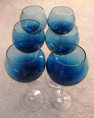 Buy Vintage Blue High Stemmed Wine Glasses 6x - Hand Made - About 23 Cm Tall • 29.99£