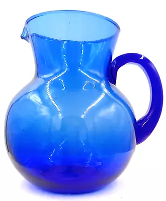 Buy Cobalt Blue Glass Pitcher Jug Vase Carafe Handle Handblown Vintage Round 6  • 28.45£