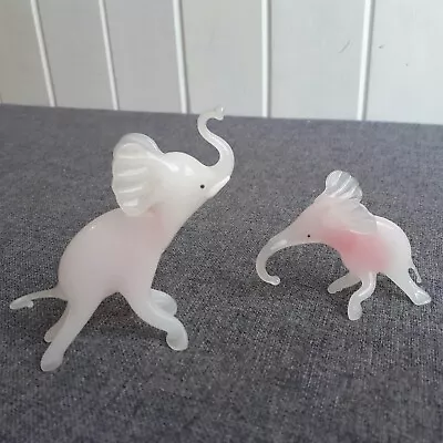 Buy Vintage Glass Elephant Pair Small Hand Blown Figurine Pink White Retro • 12£