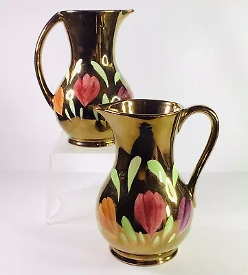 Buy Pair Of Vintage OLDCOURT WARE Hand Painted Folk Art EDEN Gold Lustre Jugs Vases • 12.99£