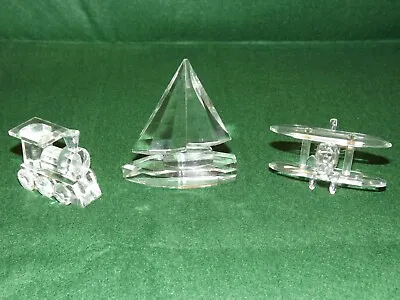 Buy Three Glass Crystal Objects; Steam Train, Yacht, Biplane . Unboxed. (HC1576) • 4£