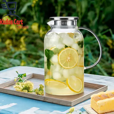 Buy King Crystal Glass Pitcher 2.2L Drinks Jug Stainless Steel Lid Mesh Filter Party • 25.99£