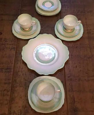 Buy Vintage Royal Stafford China Green Stripe Sandwich Plate/Tea Plates/Cups/Saucers • 8£