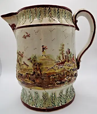 Buy PRATTWARE PEARLWARE JUG WITH RAISED DECORATION OF A HUNTING SCENE 1780-1800 A/f • 75£