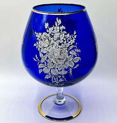 Buy Vintage Cobalt Blue Large Crystal Brandy Glass Vase 10” Applied White Roses/Gold • 28.39£