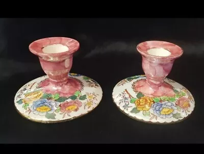 Buy Antique Maling Ware Newcastle Lustre Peony Rose Pair Of Candle Holders • 15£