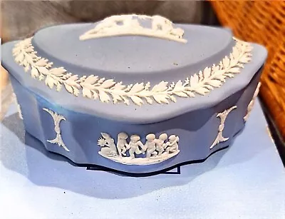 Buy Wedgwood England Blue Jasperware Oval Covered Dresser Box Trinket Jar READ • 5£
