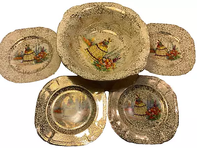 Buy J.fryer & Son Meritis Ware Tunstall England Crimoline Lady  Serving Bowl +plates • 39.14£